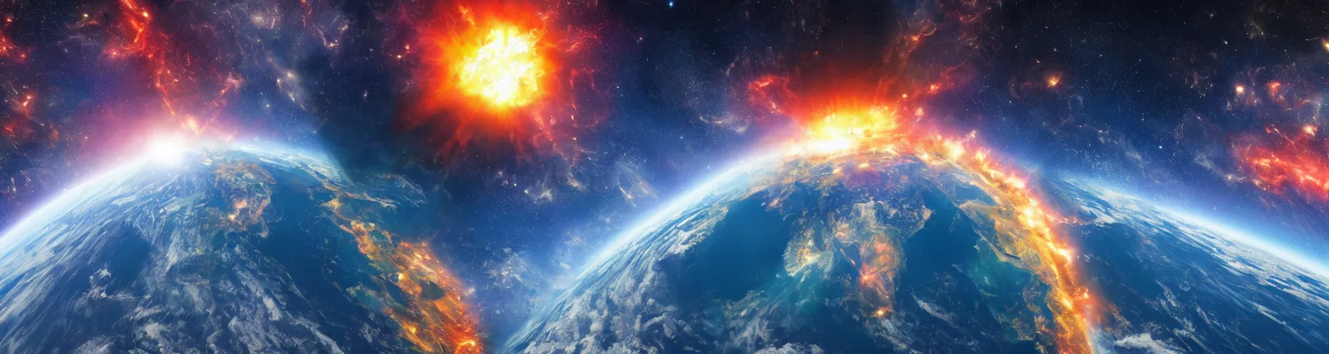 Prompt: Earth exploding seen from the reflect of an astronaut's suit in the space, realistic, detailed, colourful, dramatic, 8K