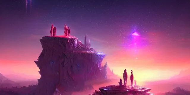 Prompt: a fleet of giant glowing futuristic crystal cubes in the sky, a fantasy magical landscape seen in the distance, atmospheric lighting, intricate, volumetric lighting, beautiful, sharp focus, ultra detailed, in the art style of marc simonetti, bowater charlie and brom gerald, astrophotography