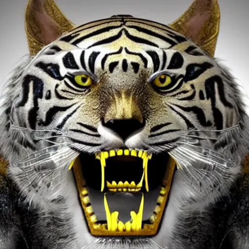 Image similar to silver tiger-like features on a humanoid face wearing space armor, yellow eyes, teeth like a saber tooth and fine grayish fur