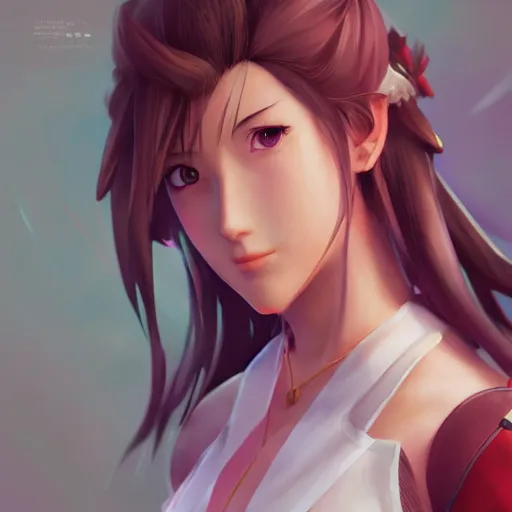 Image similar to alternate outfit of aerith ff7 by wlop, rossdraws, mingchen shen, bangkuart, sakimichan, yan gisuka, jeongseok lee, artstation, 4k