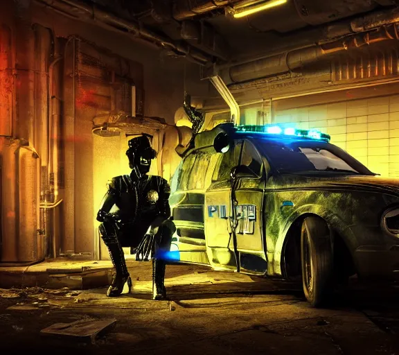 Prompt: a robotic cthulhu police officer sitting next to a futuristic police car, rusty helmet, cyberpunk, fallout 5, studio lighting, deep colors, apocalyptic setting, city at night