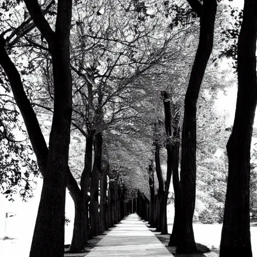 Prompt: Black white faces, trees, white light, dark alley k60