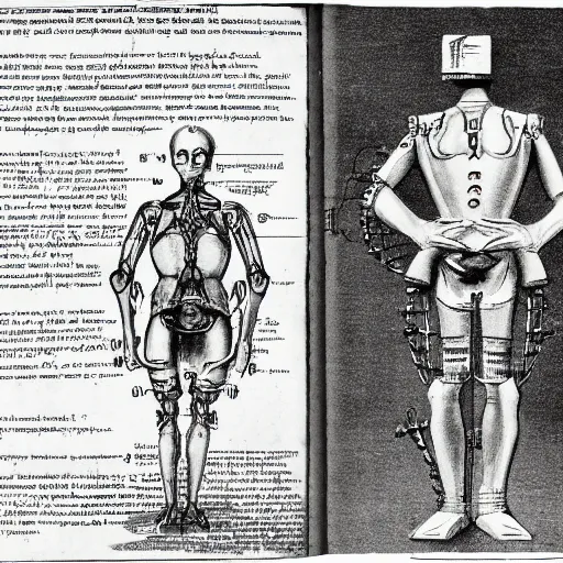 Prompt: drawing in a science book from 1900 of a cyborg, symmetrical