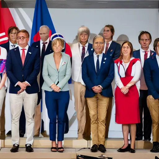 Image similar to press photo of annie leonhart on g 7 summit standing with other g 7 members, press conference, zeiss 1 5 0 mm, sharp focus, natural lighting, ultra realistic, high definition 4 k photo, g 7 summit press photos