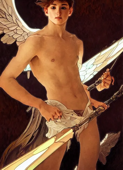 Prompt: digital character concept art by artgerm and greg rutkowski and alphonse mucha. portrait of a young 1 3 year old boy, a young god, icarus with mechanical bird wings, beautiful, holding a staff, detailed, poster art, light effect, glowing, hyper detail, intricate, elegant, digital painting, artstation, smooth, sharp focus