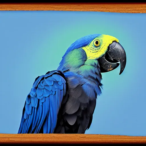 Image similar to small hyacinth macaw on the shoulderof a bigger hyacinth macaw, digital art, 4 k, highly detailed