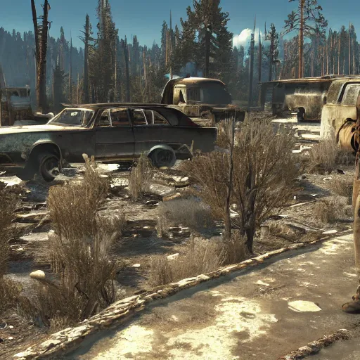 Prompt: Yellowstone national park in ruins post-nuclear war in Fallout 4, in game screenshot