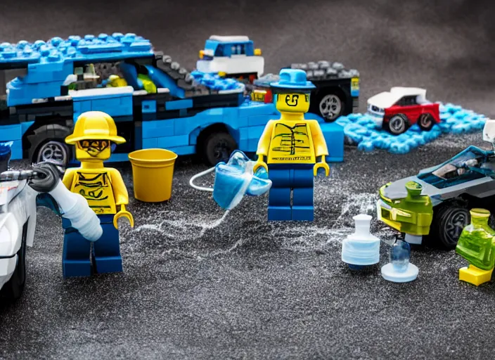 Prompt: product photo still of walter white breaking bad car wash lego playset, 8 k, 1 2 0 mm macro, f 1. 8, studio lighting, key light