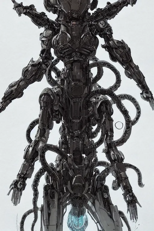 Image similar to very symmetrical!! full body illustrations of mecha, pen and ink, moderately detailed, by james gurney, by greg rutkowski, concept art, deception witch medusa, tentacle, corset, artstation, deviantart, pinterest, unreal engine