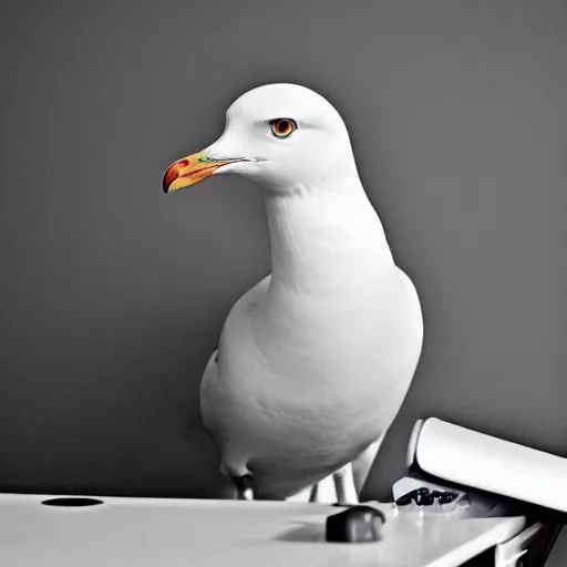 Image similar to a seagull typing at a computer in it's bedroom, close up, studio portrait