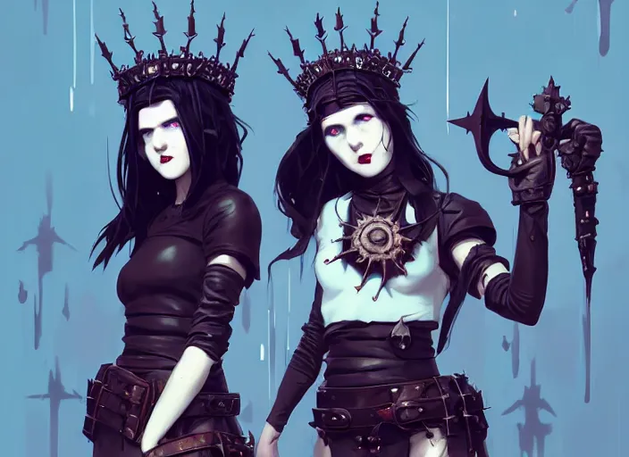 Image similar to two cute goth maiden girls with crown of thorns and white short hairs, dressed in leather belts, warhammer, cyberpunk, by atey ghailan, by greg rutkowski, by greg tocchini, by james gilleard, by joe gb fenton, by kaethe butcher, dynamic lighting, gradient light blue, brown, blonde cream and white color in scheme, grunge aesthetic