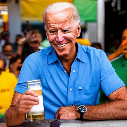 Prompt: Joe Biden drinking a beer sitting at a Brazilian SKOL table on the sidewalk outside a canteen, Brazilian neighborhood surroundings, hd image