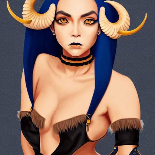 Image similar to illustrated realistic portrait of ram-horned devil woman with blue bob hairstyle and her tan colored skin and with solid black eyes wearing leather by rossdraws