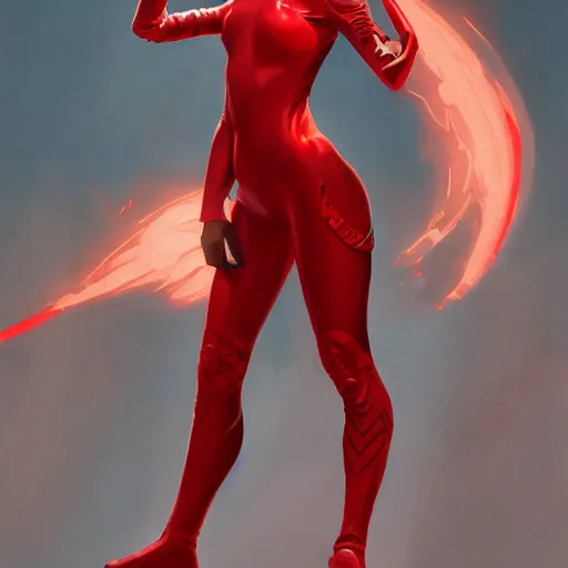 Image similar to a female with red horns wearing a skintight red mechanics jumpsuit, intricate, elegant, highly detailed, digital painting, artstation, concept art, smooth, sharp focus, illustration, art by artgerm and greg rutkowski and alphonse mucha, 8 k