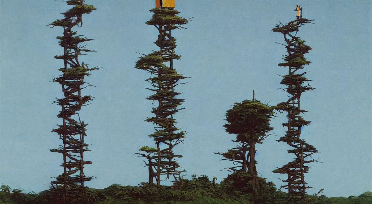 Prompt: single flooded simple wooden tree tower, very coherent and colorful high contrast!! masterpiece by rene magritte simon stalenhag carl spitzweg syd mead norman rockwell edward hopper james gilleard, minimalist, dark shadows, sunny day, hard lighting