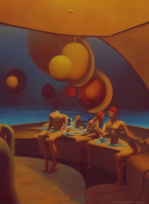 Image similar to spherical water people at underwater restaurant Edward Hopper and James Gilleard, Zdzislaw Beksinski highly detailed