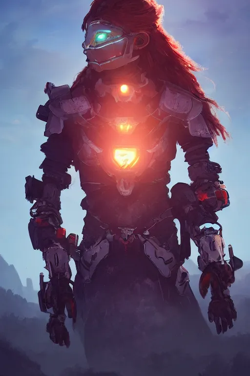 Image similar to combination suit armor aloy horizon forbidden west horizon zero dawn radiating a glowing aura global illumination ray tracing hdr fanart arstation by ian pesty and alena aenami artworks in 4 k tribal robot ninja mask helmet backpack