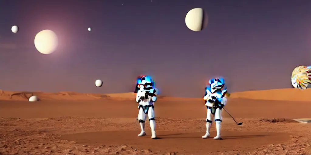 Image similar to stormtroopers playing golf on tatooine with 3 moons in the background, ultra detailed, vivid colors, volumetric lighting, futuristic, sharp focus