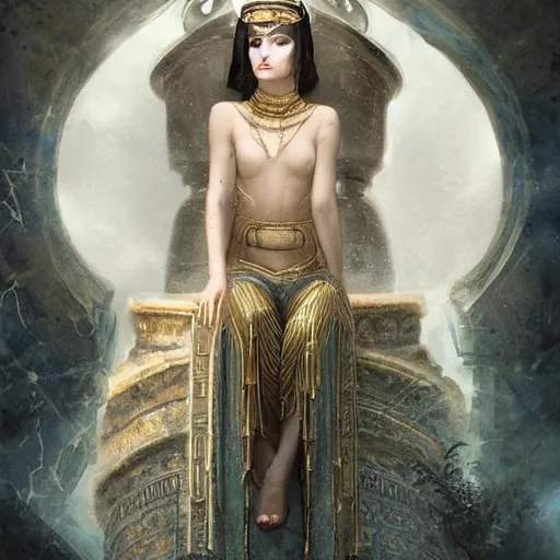 Prompt: like dust, magic gathers in overlooked places, photorealistic portrait of cleopatra in style of tom bagshaw and greg rutkowski. absolutely stunning!, sitting on the palace stairs, symmetrical perfect face, porcelain skin, ultra - detailed, digital art, 8 k