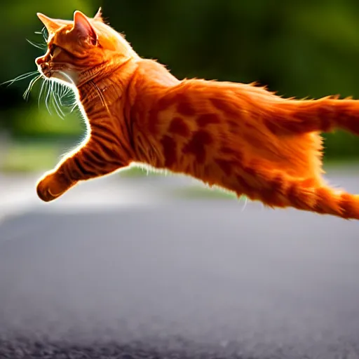 Prompt: a very fast orange cat flying through the road, high definition, beautiful award winning photography, 8 k.