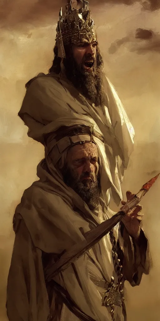 Image similar to a character study of the ancient historical biblical evil pagan king ahab of Israel by craig mullins and marc simonetti, Ross Tran and WLOP, by Andrew Wyeth and Gerald Brom, In the style of John singer Sargent and James gurney, ARTSTATION, cgsociety, polycount, character design, CINEMATIC, AWE INSPIRING, BEAUTIFUL, ART GERM