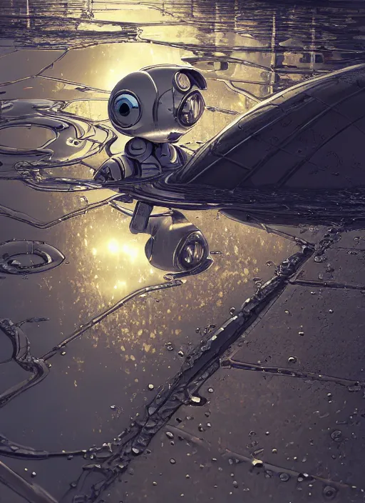 Image similar to a very detailed robot, bent over the reflection in a puddle, highly detailed, manga, perfectly face, highly detailed, masterpiece, artstation, golden ratio, soft light, perfect intricate highly detailed, detailed, painting by jemes jean, digital lines, 8 k