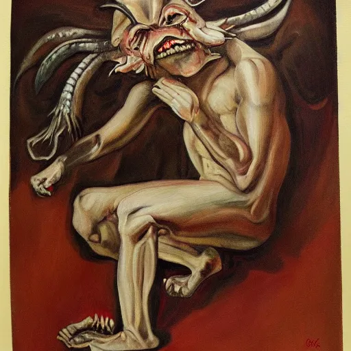 Image similar to painting of a demon representing exhaustion, the demon looks like an anthropomorphic animal