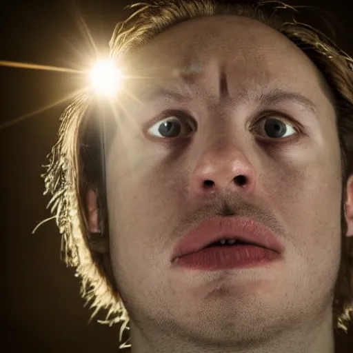 Image similar to close up photograph of a sweaty man who has just woken up to a light shining in his face, fish eye lens