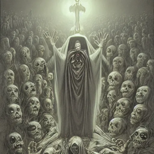 Prompt: santa muerte being awakened by a mexican death cult through a ritual, by anton semenov and gustave dore and guillermo del torro in a surreal dark horror style, oil on canvas, 8k, hd,