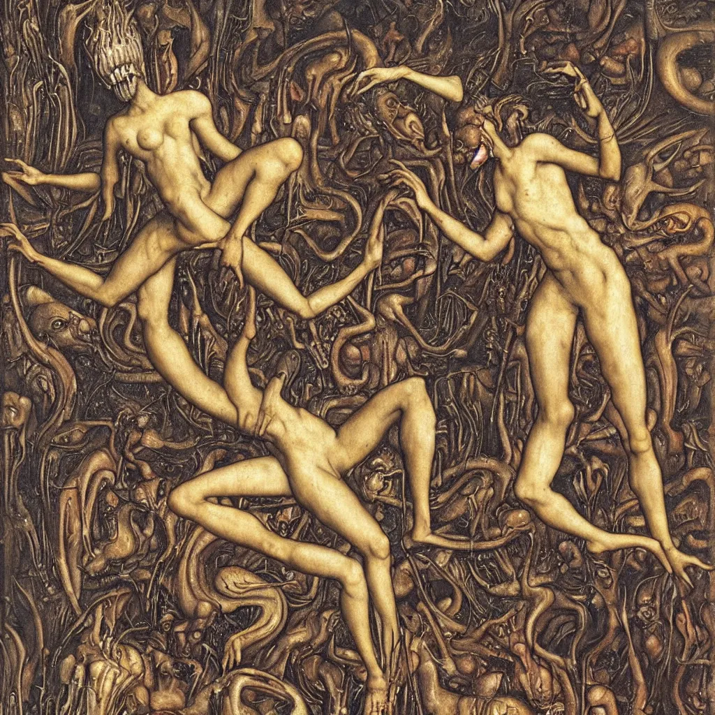 Image similar to a graceful detailed demon ballerina leaving a trail of smoke in a pool of lava by h. r. giger, by hans memling