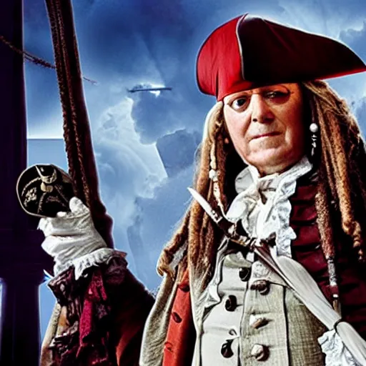 Image similar to movie still of benjamin franklin in pirates of the caribbean