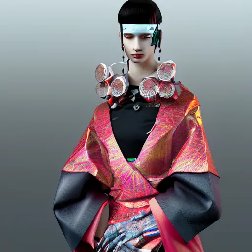 Prompt: cyberpunk japanese kimono inspired avant-garde art, deco fashion, highly detailed, photorealistic portrait, bright studio setting, studio lighting, crisp quality and light reflections, unreal engine 5 quality render