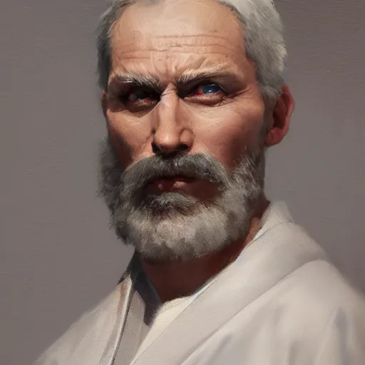 Image similar to An oil painting of a man dressed in priest robes, 50 years old, short grey hair, trimmed beard, sharp facial features, beautiful, highly detailed, by Cédric Peyravernay, trending on artstation
