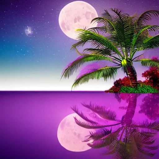 Image similar to dreamy wistful oasis whimsical purple pink blue calm nighttime stars palm tree lush pond reflecting moon