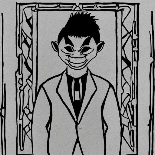 Image similar to charismatic goblin with little smile in suit, art on papyrus, symmetrical