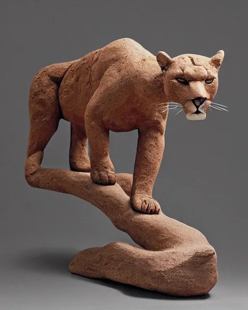 Prompt: a history textbook page showing a picture of 'clay sculpture of a giant cougar', clay sculpture, photograph, zoomed out, trending on tumblr, textbook page