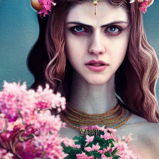 Image similar to alexandra daddario expressive full body photo, of beautiful angel, smooth glowing skin, ornate headpiece made from pink flowers, glamour shot, by yoshitaka amano, by greg rutkowski, by jeremyg lipkinng, by artgerm, digital art, octane render