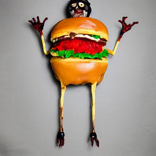 Image similar to a humanoid bipedal upright zombie that strongly resembles a hamburger, professional food photography