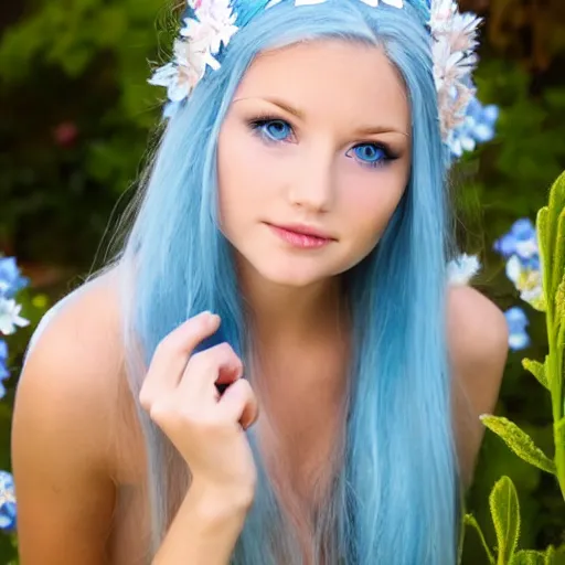 Prompt: beautiful gorgeous young elf princess blonde hair blue eyes in the garden high quality