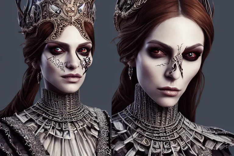 Image similar to a full portrait of a beautiful woman wearing, wearing extremely detailed attire, slim complexity, extremely detailed white eyes, medievil, dnd, extremely detailed, high quality, trending on artstation, photo realistic