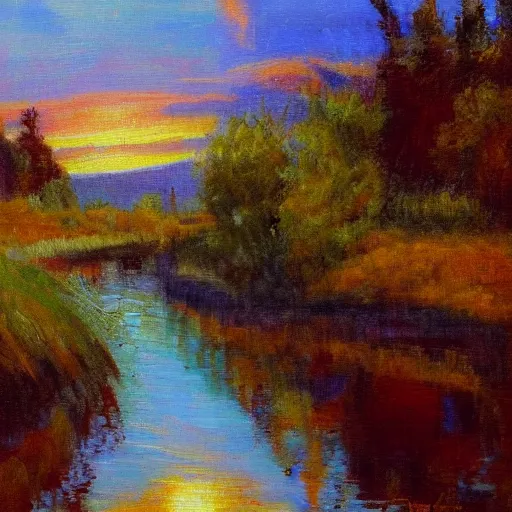 Image similar to a detailed impressionist painting of a winding river during sunrise, matte painting, oils on canvas