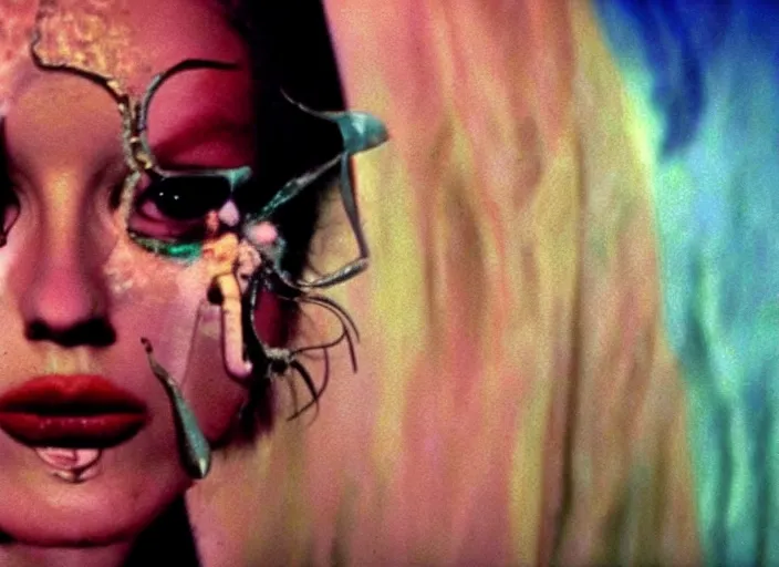 Prompt: visionary underground scene from a 7 0's movie by chris cunningham, kenneth anger and alejandro jodorowsky : : surreal dream scene of actresses turning into animals in a studio setting : : close - up 4 k