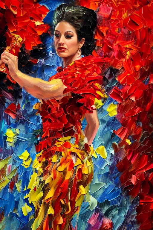 Image similar to abstract oil painting of spanish flamenco dancer in mallorca wearing a red dress made of flowers that's on fire, dimly lit by candles on the ground, looking away, dark shadows, photo realistic, extreme detail skin, no filter, slr, 4 k, high definition