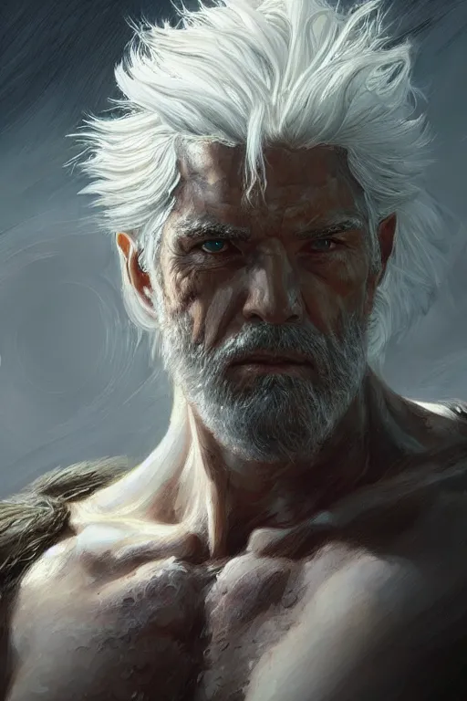 Image similar to painted portrait of rugged sephirot, god of thunder, greek god, white hair, masculine, mature, handsome, upper body, muscular, hairy torso, fantasy, intricate, elegant, highly detailed, digital painting, artstation, concept art, smooth, sharp focus, illustration, art by gaston bussiere and craig mullins