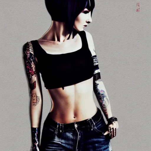 Image similar to a beautiful punkrock woman in crop top, by guweiz