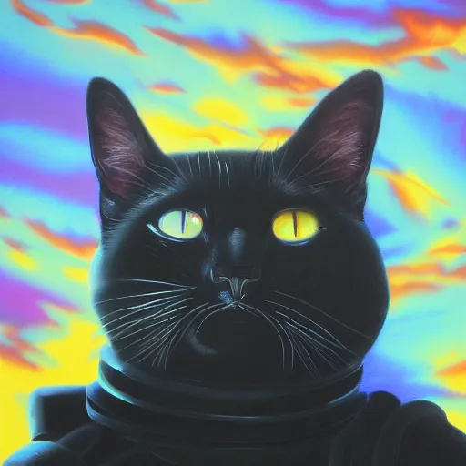 Prompt: vaporwave astronaut black cat, oil painting, 4K, high octane, ominous, ultra realistic
