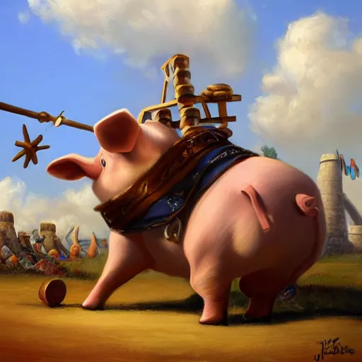 Image similar to trebuchet launching a pig, oil painting by justin gerard, deviantart