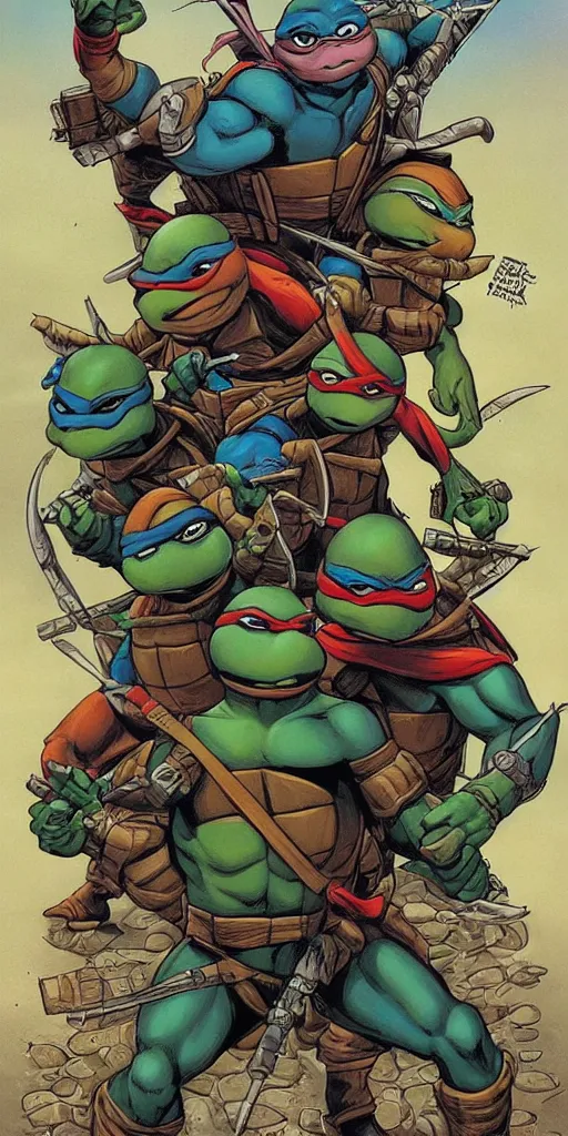 Prompt: Teenage mutant ninja turtle comic book cover illustration by brom