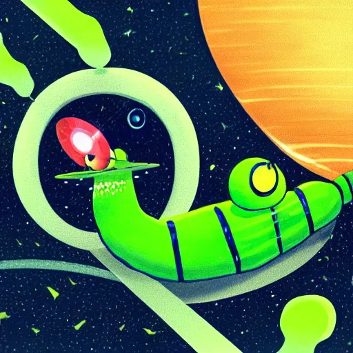 Image similar to a cute green caterpillar spinning a chrysalis inside a space station, sci-fi illustration