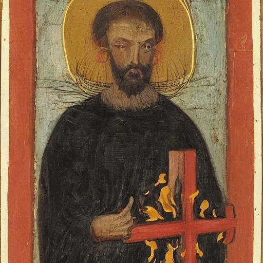 Prompt: a beautiful! portrait of a stern preacher holding a burning cross